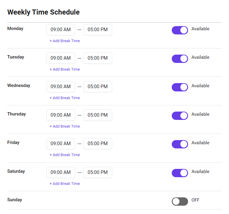 Service Hours Weekly Schedule Booking